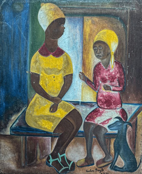 Commère de Castera Bazile illustre une scène de vie animée, où l’artiste capte avec finesse l’esprit du quotidien. À travers des couleurs vibrantes et une composition expressive, il met en lumière les échanges et la convivialité, typiques de la culture populaire. Son style détaillé et narratif donne vie aux personnages, rendant l’œuvre à la fois dynamique et empreinte d’authenticité.