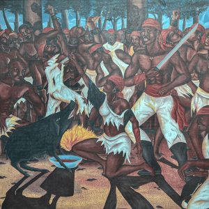 Dans Cérémonie Bois Caïman, Demontènes P. Daniel évoque la ferveur spirituelle et la détermination des insurgés à travers une composition dynamique et des couleurs intenses. L’artiste met en avant l’unité et la force des esclaves en quête de liberté, soulignant l’importance du rituel vodou comme catalyseur de la révolution. Son style expressif traduit la tension dramatique et la puissance de ce moment historique, rendant hommage à ceux qui ont osé défier l’oppression.