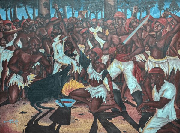 Dans Cérémonie Bois Caïman, Demontènes P. Daniel évoque la ferveur spirituelle et la détermination des insurgés à travers une composition dynamique et des couleurs intenses. L’artiste met en avant l’unité et la force des esclaves en quête de liberté, soulignant l’importance du rituel vodou comme catalyseur de la révolution. Son style expressif traduit la tension dramatique et la puissance de ce moment historique, rendant hommage à ceux qui ont osé défier l’oppression.