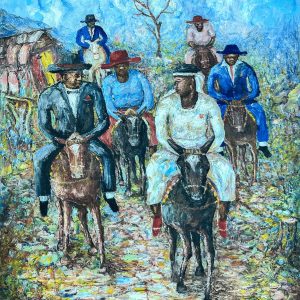 Lavi nan Bouk d’Ernst Louizor illustre la vie animée d’un village haïtien à travers des couleurs lumineuses et un style impressionniste. La scène déborde de vitalité, mettant en avant le quotidien des habitants dans une atmosphère chaleureuse et authentique.