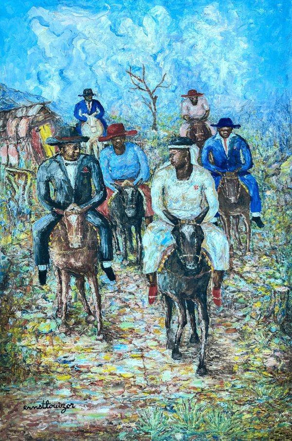 Lavi nan Bouk d’Ernst Louizor illustre la vie animée d’un village haïtien à travers des couleurs lumineuses et un style impressionniste. La scène déborde de vitalité, mettant en avant le quotidien des habitants dans une atmosphère chaleureuse et authentique.