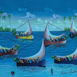 Marine 2 (6) de Franck Dautruche illustre la beauté intemporelle du monde maritime. À travers des nuances de bleu et des jeux de lumière, l’artiste capte le mouvement fluide de l’eau et l’atmosphère apaisante de la mer, offrant une vision à la fois réaliste et poétique de l’océan.