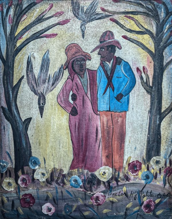 Jadin Lanmou de Hector Hippolyte est une œuvre empreinte de spiritualité et de sensualité. À travers des couleurs vibrantes et des formes expressives, l’artiste évoque un jardin mystique où l’amour et la nature se mêlent harmonieusement. Son style instinctif et inspiré confère à la scène une dimension symbolique, entre rêve et réalité.