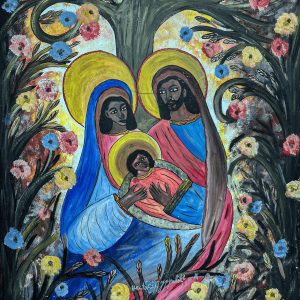 Jésus et ses parents de Hector Hippolyte illustre une scène biblique . À travers des couleurs vibrantes et des formes expressives, l’artiste réinterprète cette représentation religieuse avec une approche intuitive, mêlant spiritualité et sensibilité artistique. Son style distinctif confère à l’œuvre une dimension sacrée et intemporelle.