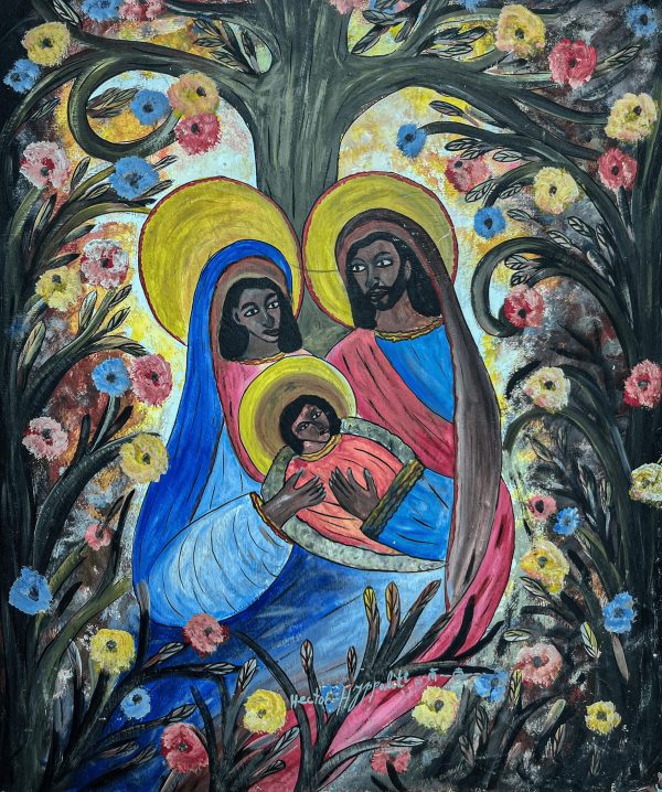 Jésus et ses parents de Hector Hippolyte illustre une scène biblique . À travers des couleurs vibrantes et des formes expressives, l’artiste réinterprète cette représentation religieuse avec une approche intuitive, mêlant spiritualité et sensibilité artistique. Son style distinctif confère à l’œuvre une dimension sacrée et intemporelle.