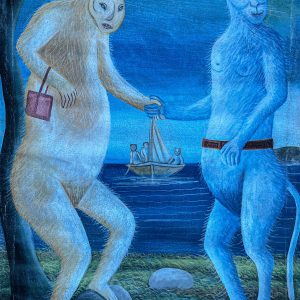 Île à Chat de Jasmin Joseph est une œuvre fascinante où l’imaginaire et le symbolisme se rencontrent. À travers des formes stylisées et des tons chaleureux, l’artiste haïtien crée un univers onirique peuplé de figures animales et humaines, invitant le spectateur à une réflexion sur la mythologie, la nature et la culture haïtienne.