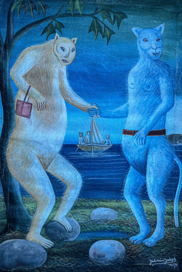 Île à Chat de Jasmin Joseph est une œuvre fascinante où l’imaginaire et le symbolisme se rencontrent. À travers des formes stylisées et des tons chaleureux, l’artiste haïtien crée un univers onirique peuplé de figures animales et humaines, invitant le spectateur à une réflexion sur la mythologie, la nature et la culture haïtienne.