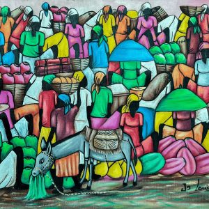 Mache Kabaret de Jean Louis illustre la vie animée d’un marché haïtien. À travers des couleurs riches et des personnages en mouvement, l’artiste capture l’énergie, l’échange et la vitalité de cette scène quotidienne, rendant hommage à la culture et à la résilience des marchands.