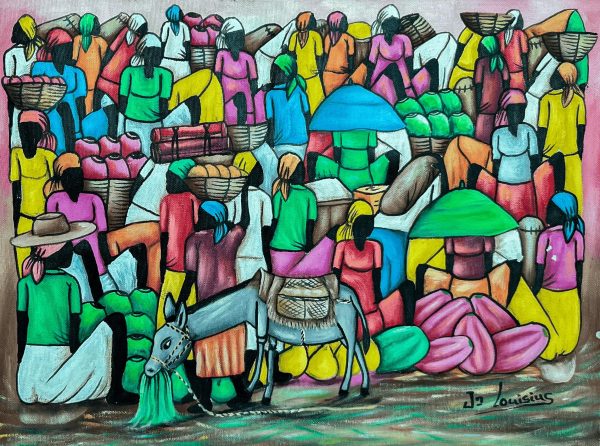 Mache Kabaret de Jean Louis illustre la vie animée d’un marché haïtien. À travers des couleurs riches et des personnages en mouvement, l’artiste capture l’énergie, l’échange et la vitalité de cette scène quotidienne, rendant hommage à la culture et à la résilience des marchands.