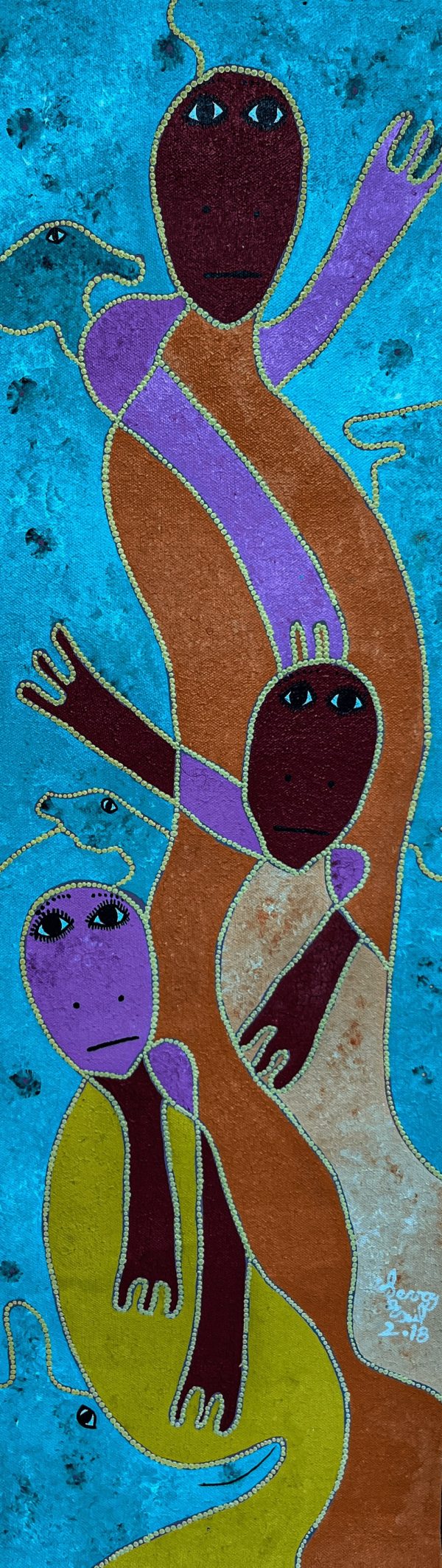 2.18 de Levoy Exil (10 x 30) illustre son univers mystique et cosmique, caractéristique du mouvement Saint-Soleil. À travers des formes fluides et des motifs symboliques, l’artiste crée une composition vibrante où la nature et la spiritualité se mêlent harmonieusement. Son utilisation des couleurs et des textures invite à une contemplation profonde, reflétant une connexion entre le visible et l’invisible.