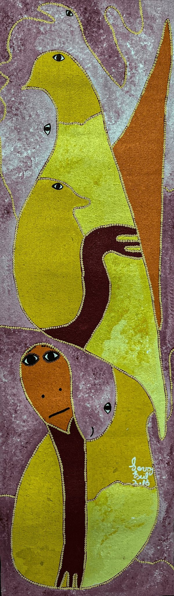 L’Oiseau Jaune de Levoy Exil incarne la fusion entre spiritualité et nature, typique du mouvement Saint-Soleil. À travers des motifs cosmiques et une palette éclatante, l’artiste donne vie à un oiseau symbolique, porteur de liberté et d’énergie mystique. Son style distinctif, mêlant abstraction et figures stylisées, évoque un univers vibrant et profondément enraciné dans la culture haïtienne.