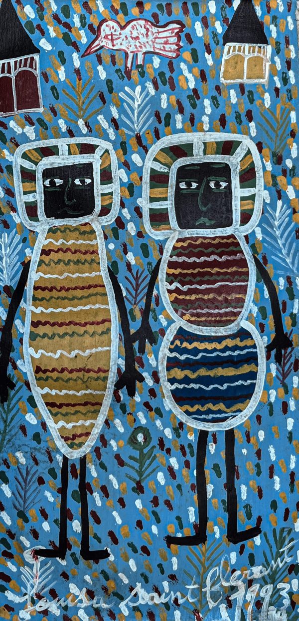 Louisiane Saint Fleurant, artiste haïtienne emblématique, a marqué l'art naïf avec son style coloré et expressif. Ses œuvres, comme celles de 1993, capturent la vie quotidienne, la spiritualité et les traditions haïtiennes à travers des compositions vibrantes et poétiques. Avec des figures stylisées et des motifs détaillés, elle célèbre la culture haïtienne avec une sensibilité unique et authentique.