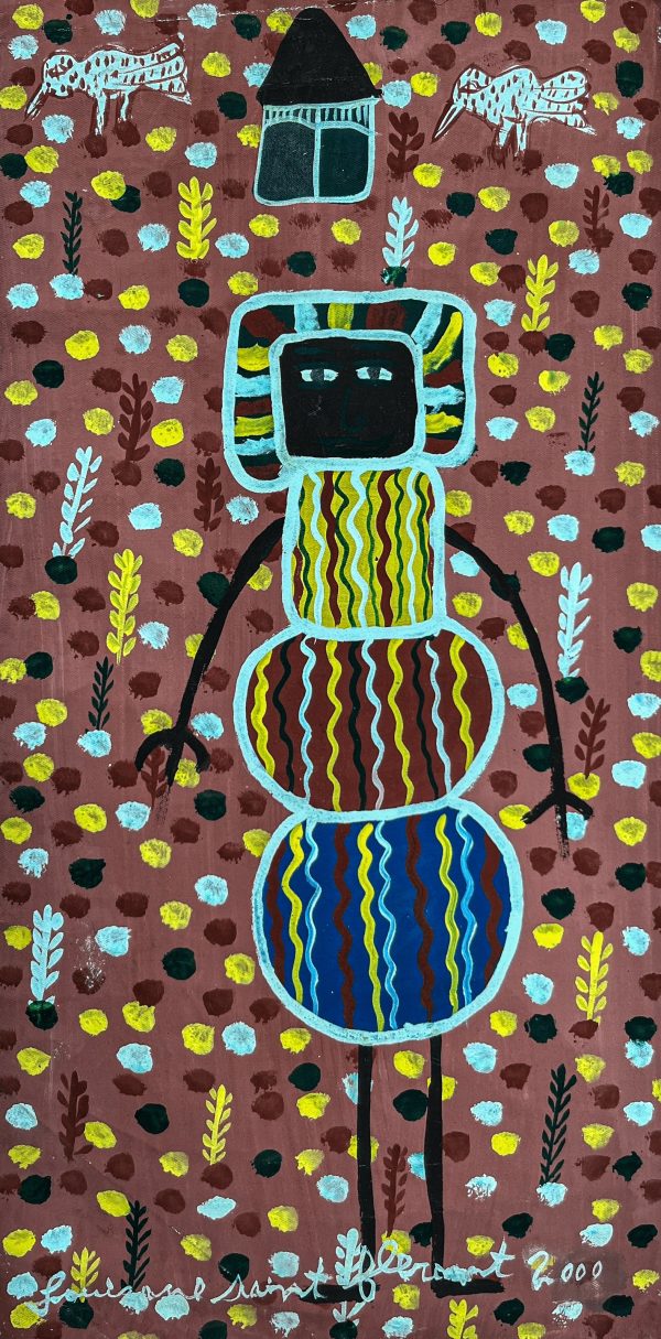 En 2000, Louisiane Saint Fleurant poursuit son exploration artistique avec des œuvres empreintes de spiritualité et de culture haïtienne. Fidèle à son style naïf, elle utilise des couleurs éclatantes et des formes stylisées pour représenter des scènes de la vie quotidienne, des figures féminines et des éléments symboliques. Son travail dégage une sensibilité unique, célébrant la force et la beauté des traditions haïtiennes.