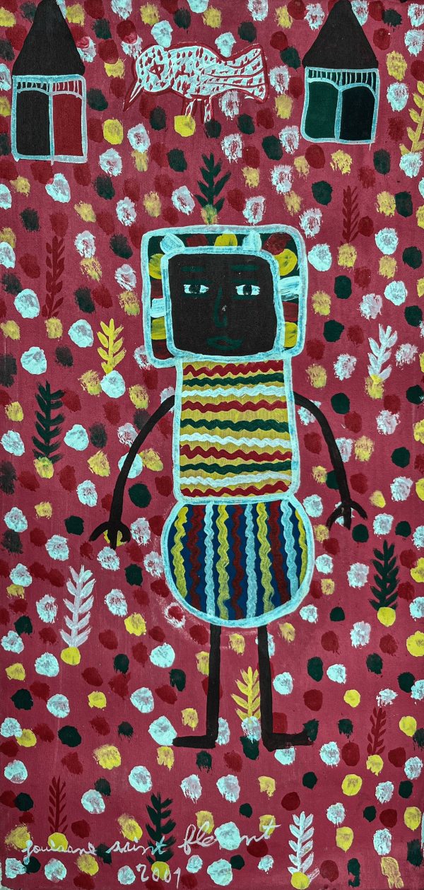 En 2001, Louisiane Saint Fleurant continue d’exprimer à travers son art la richesse de la culture haïtienne. Son style naïf, marqué par des couleurs vives et des compositions harmonieuses, met en avant des figures féminines, des scènes du quotidien et des éléments spirituels. Chaque œuvre reflète une profonde sensibilité et un attachement aux traditions, faisant de son travail une célébration poétique et symbolique d’Haïti.