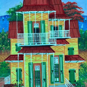 Gran Lakou de Luckner Innocent illustre un espace de vie communautaire haïtien, vibrant et animé. À travers des couleurs chaleureuses et des scènes du quotidien, l’artiste met en avant la solidarité, les traditions et l’âme du peuple haïtien, capturant l’essence d’un lakou comme cœur de la vie sociale et culturelle.