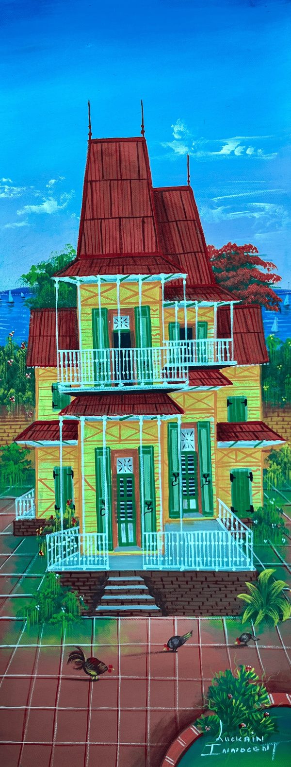 Gran Lakou de Luckner Innocent illustre un espace de vie communautaire haïtien, vibrant et animé. À travers des couleurs chaleureuses et des scènes du quotidien, l’artiste met en avant la solidarité, les traditions et l’âme du peuple haïtien, capturant l’essence d’un lakou comme cœur de la vie sociale et culturelle.