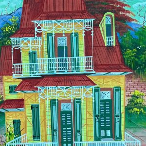 Lakay ann mwen de Luckner Innocent est une représentation chaleureuse du foyer haïtien. Avec des couleurs riches et des détails soigneusement travaillés, l’artiste évoque un sentiment de nostalgie et d’attachement aux racines, illustrant la beauté et l’authenticité de la vie quotidienne en Haïti.