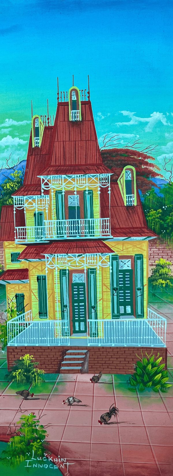 Lakay ann mwen de Luckner Innocent est une représentation chaleureuse du foyer haïtien. Avec des couleurs riches et des détails soigneusement travaillés, l’artiste évoque un sentiment de nostalgie et d’attachement aux racines, illustrant la beauté et l’authenticité de la vie quotidienne en Haïti.