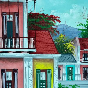 Sote Kòd de Luckner Innocent illustre l’innocence et la joie de l’enfance haïtienne. L’artiste capte l’énergie des enfants sautant à la corde, reflétant une scène de jeu traditionnelle pleine de vie et de spontanéité.