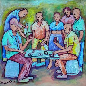Jeu de domino de Mindes Semerzier illustre une scène de vie quotidienne haïtienne empreinte de convivialité