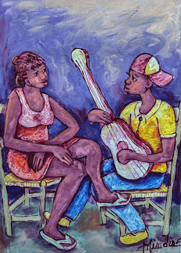 Le Fileur de Mindes Semerzier illustre avec finesse le geste précis et répétitif du travail artisanal. À travers une palette de couleurs harmonieuse et des traits expressifs, l’artiste met en lumière la concentration et la dextérité du personnage, rendant hommage au savoir-faire traditionnel et à la patience du métier.