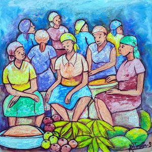 Marchand de fruits de Mindes Semerzier illustre une scène de marché animée, où un vendeur propose des fruits aux couleurs éclatantes. À travers des tons chaleureux et des détails vivants, l’artiste met en lumière le dynamisme du commerce local haïtien et la richesse de son patrimoine culturel.