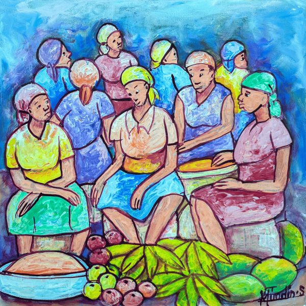 Marchand de fruits de Mindes Semerzier illustre une scène de marché animée, où un vendeur propose des fruits aux couleurs éclatantes. À travers des tons chaleureux et des détails vivants, l’artiste met en lumière le dynamisme du commerce local haïtien et la richesse de son patrimoine culturel.