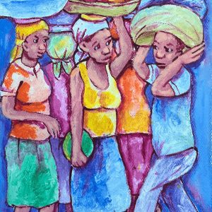 Le tableau Marché de fruit de Mindes Semerzier illustre la richesse et la vitalité des marchés haïtiens. À travers des couleurs éclatantes et des scènes animées, l’artiste met en valeur les marchandes et leurs étals débordants de fruits tropicaux, capturant l’authenticité et la chaleur de la vie quotidienne en Haïti.