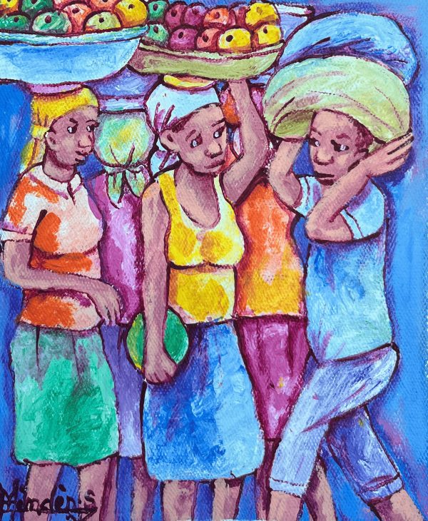 Le tableau Marché de fruit de Mindes Semerzier illustre la richesse et la vitalité des marchés haïtiens. À travers des couleurs éclatantes et des scènes animées, l’artiste met en valeur les marchandes et leurs étals débordants de fruits tropicaux, capturant l’authenticité et la chaleur de la vie quotidienne en Haïti.