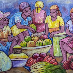 Marchand de fruits de Mindes Semerzier met en lumière la vitalité des marchés haïtiens. À travers des tons chaleureux et des détails expressifs, l’artiste capture l’authenticité du vendeur et l’abondance des fruits, reflétant la richesse culturelle et le dynamisme de la vie locale.
