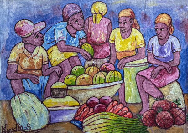 Marchand de fruits de Mindes Semerzier met en lumière la vitalité des marchés haïtiens. À travers des tons chaleureux et des détails expressifs, l’artiste capture l’authenticité du vendeur et l’abondance des fruits, reflétant la richesse culturelle et le dynamisme de la vie locale.