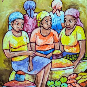 Marché de fruits de Mindes Semerzier est une scène animée célébrant la richesse des marchés haïtiens. À travers des couleurs éclatantes et des détails vivants, l’artiste illustre l’abondance des fruits tropicaux et l’effervescence du commerce local, rendant hommage à la vitalité et à la culture haïtienne.
