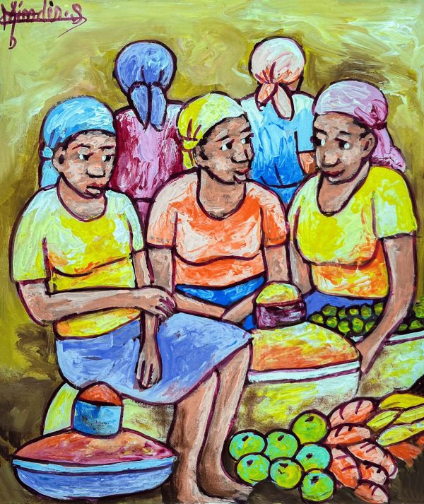 Marché de fruits de Mindes Semerzier est une scène animée célébrant la richesse des marchés haïtiens. À travers des couleurs éclatantes et des détails vivants, l’artiste illustre l’abondance des fruits tropicaux et l’effervescence du commerce local, rendant hommage à la vitalité et à la culture haïtienne.