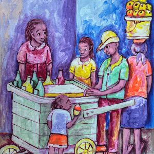 Fresco – de Mindes Semerzier capture une scène de rue emblématique de la culture haïtienne. Avec des couleurs vives et une touche expressive, l’artiste met en avant la fraîcheur et la douceur de cette gourmandise populaire, évoquant à la fois la convivialité et la simplicité des plaisirs du quotidien.