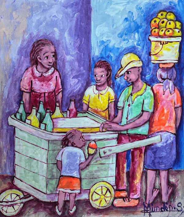 Fresco – de Mindes Semerzier capture une scène de rue emblématique de la culture haïtienne. Avec des couleurs vives et une touche expressive, l’artiste met en avant la fraîcheur et la douceur de cette gourmandise populaire, évoquant à la fois la convivialité et la simplicité des plaisirs du quotidien.