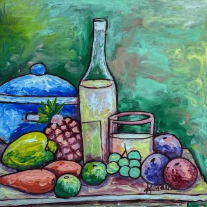 Nature morte de Mindes Semerzier met en valeur l’harmonie des formes et des couleurs à travers une composition minutieuse. L’artiste joue avec la lumière et les textures pour donner vie aux objets du quotidien, créant une atmosphère à la fois intime et expressive, empreinte de sensibilité et d’élégance.