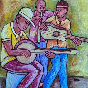 Twoubadou de Mindes Semerzier célèbre la musique et la culture haïtienne à travers une scène vibrante. L’artiste capte l’énergie et la passion des musiciens en jouant avec les couleurs et les contrastes, transmettant la joie et la chaleur des mélodies twoubadou, emblématiques du patrimoine musical haïtien.