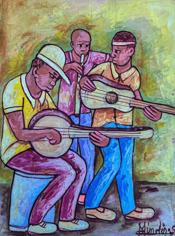 Twoubadou de Mindes Semerzier célèbre la musique et la culture haïtienne à travers une scène vibrante. L’artiste capte l’énergie et la passion des musiciens en jouant avec les couleurs et les contrastes, transmettant la joie et la chaleur des mélodies twoubadou, emblématiques du patrimoine musical haïtien.