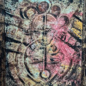 Matrice de Tiga explore les thèmes de la création et de la transformation à travers une composition riche en symboles. Avec des formes abstraites et une palette contrastée, l’artiste évoque un univers en gestation, où les forces primordiales de la vie et de l’énergie s’entrelacent. Son approche intuitive et expressive invite à une interprétation profonde et personnelle.
