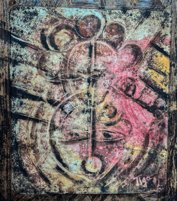 Matrice de Tiga explore les thèmes de la création et de la transformation à travers une composition riche en symboles. Avec des formes abstraites et une palette contrastée, l’artiste évoque un univers en gestation, où les forces primordiales de la vie et de l’énergie s’entrelacent. Son approche intuitive et expressive invite à une interprétation profonde et personnelle.